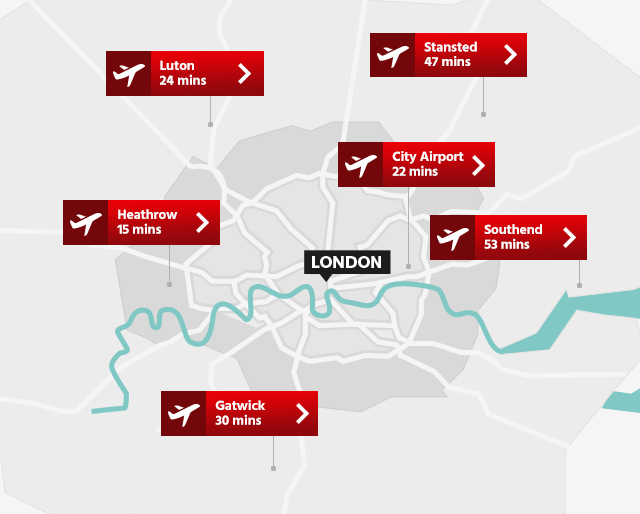 Планируйте свою поездку в Лондон заранее с нашими полезными   карты   ,  Узнайте, как добраться до Лондона, если вы летите в   Аэропорт Хитроу   ,   Аэропорт Гатвик   ,   Аэропорт Лутон   ,   Аэропорт Станстед   ,   Городской Аэропорт   или же   Аэропорт Саутенд   ,   На этой карте лондонского аэропорта указано время поездки в Лондон, если вы путешествуете на экспрессе