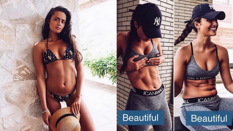 Этим летом открылась своим подписчикам турецкий модель и фитнес-блогер   Имре Чечен   (Imre Çeçen), показав в Instagram том, как в действительности создавались снимки, на которых ее тело выглядит таким подтянутым и красивым, а также то, как они, эти фото, могли бы выглядеть на самом деле